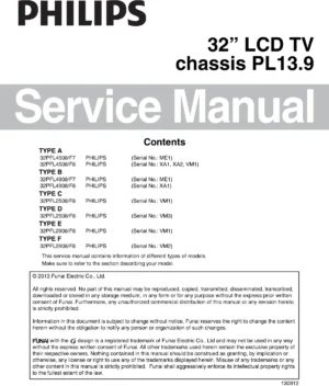 Philips 32pfl4508 pl13.9 service manual cover with photo of the television, TV type, chassis code, model code, creation date and document number