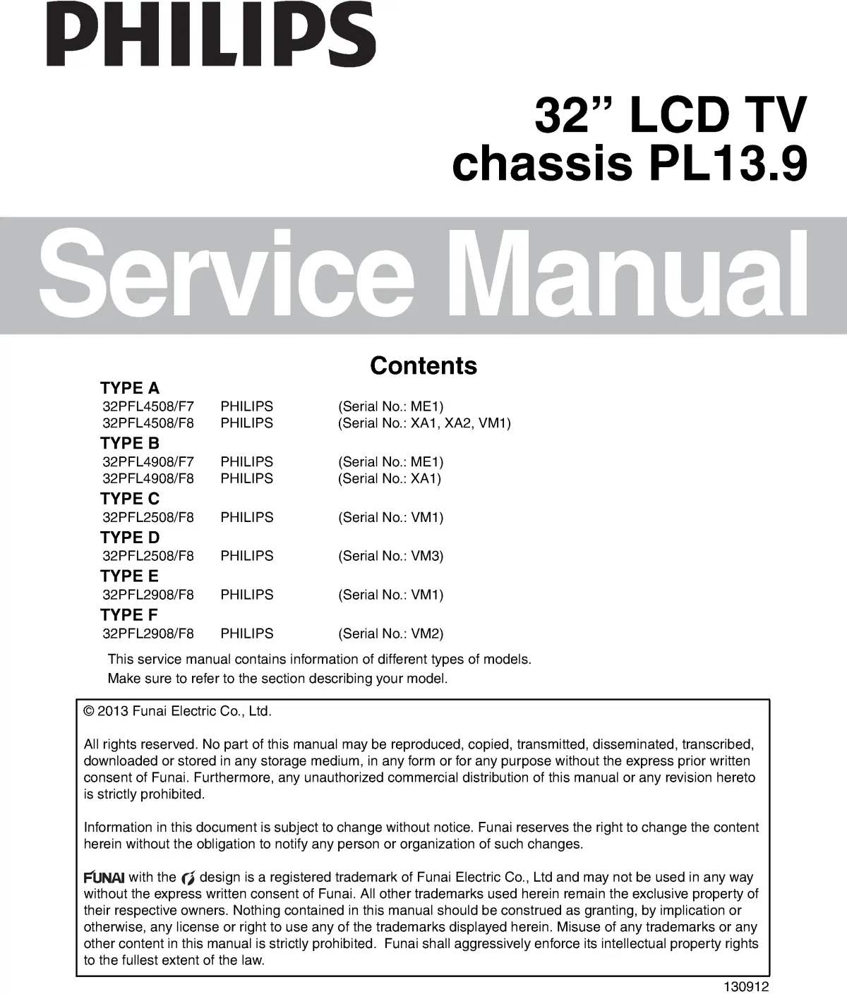 Philips 32pfl4508 pl13.9 service manual cover with photo of the television, TV type, chassis code, model code, creation date and document number