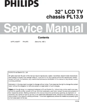 Philips 32pfl4508 service manual cover with photo of the television, TV type, chassis code, model code, creation date and document number