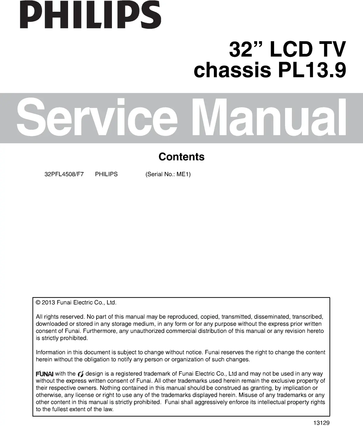 Philips 32pfl4508 service manual cover with photo of the television, TV type, chassis code, model code, creation date and document number