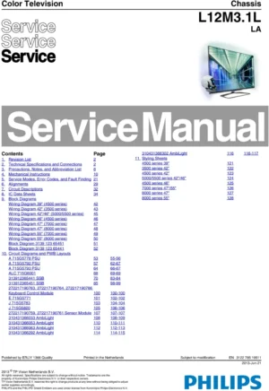 Philips 32pfl4508g service manual cover with photo of the television, TV type, chassis code, model code, creation date and document number