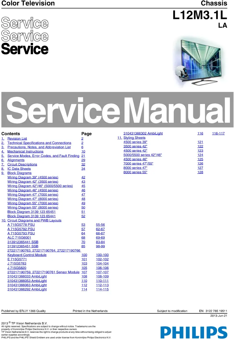 Philips 32pfl4508g service manual cover with photo of the television, TV type, chassis code, model code, creation date and document number