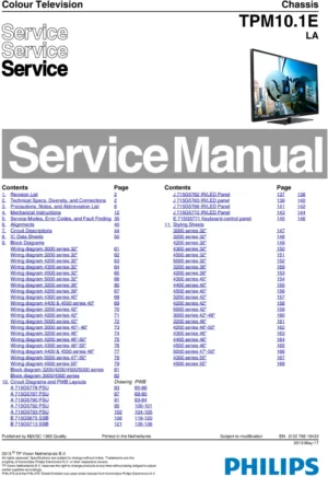 Philips 32pfl4508h 32pfl4508k service manual cover with photo of the television, TV type, chassis code, model code, creation date and document number
