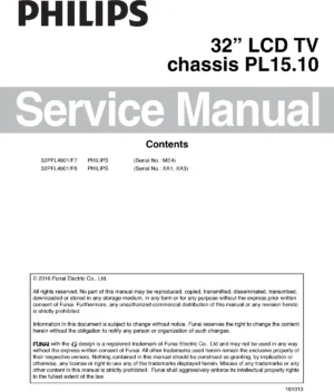Philips 32pfl4901 service manual cover with photo of the television, TV type, chassis code, model code, creation date and document number