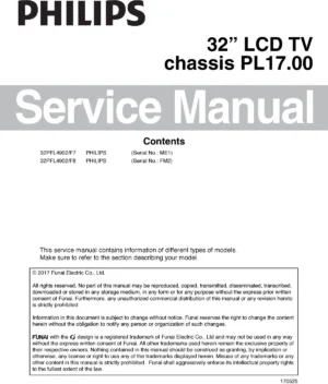 Philips 32pfl4902 service manual cover with photo of the television, TV type, chassis code, model code, creation date and document number
