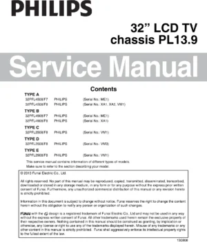 Philips 32pfl4908 pl13.9 service manual cover with photo of the television, TV type, chassis code, model code, creation date and document number