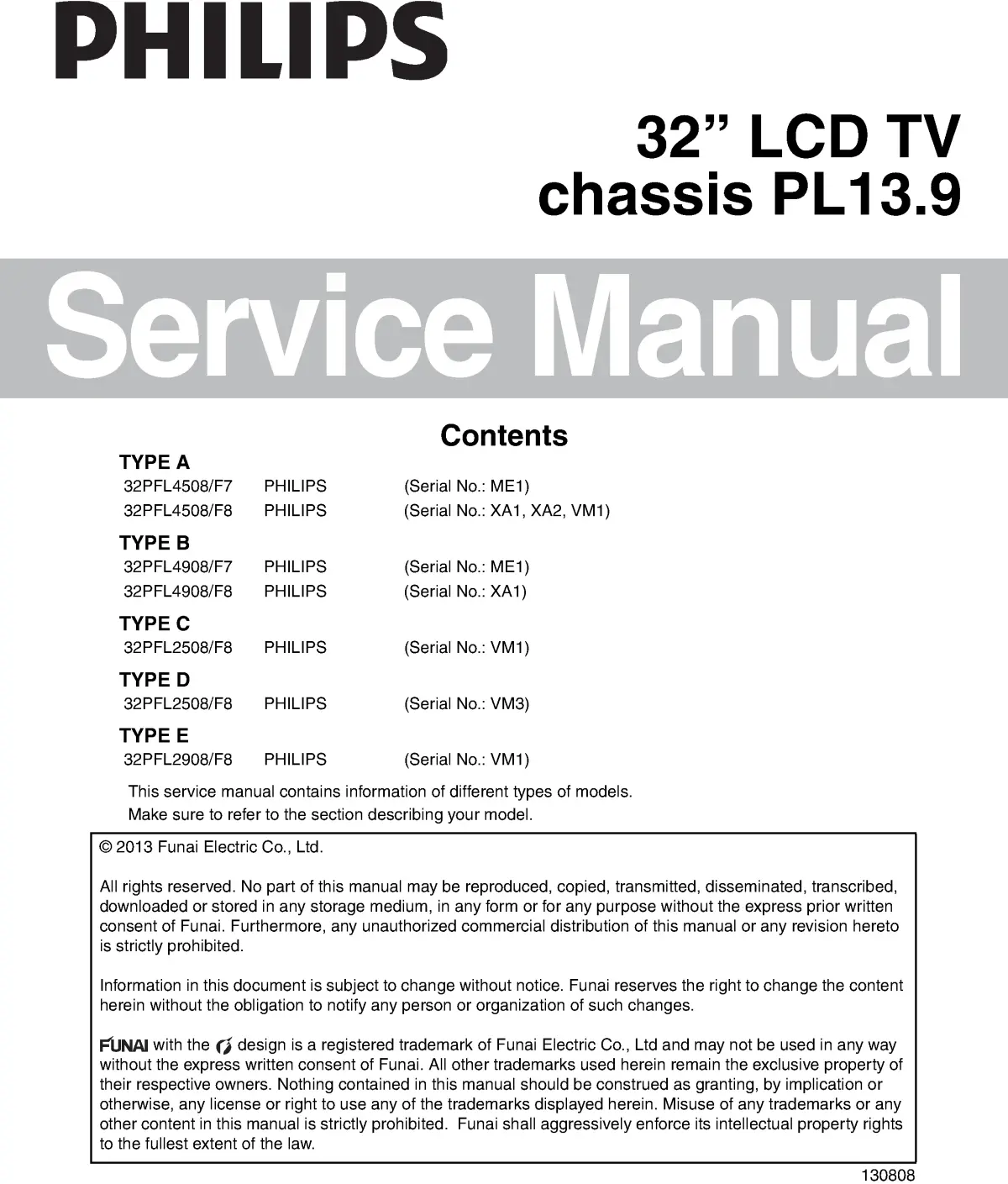 Philips 32pfl4908 pl13.9 service manual cover with photo of the television, TV type, chassis code, model code, creation date and document number