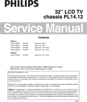 Philips 32pfl4909 32pfl4609 service manual cover with photo of the television, TV type, chassis code, model code, creation date and document number