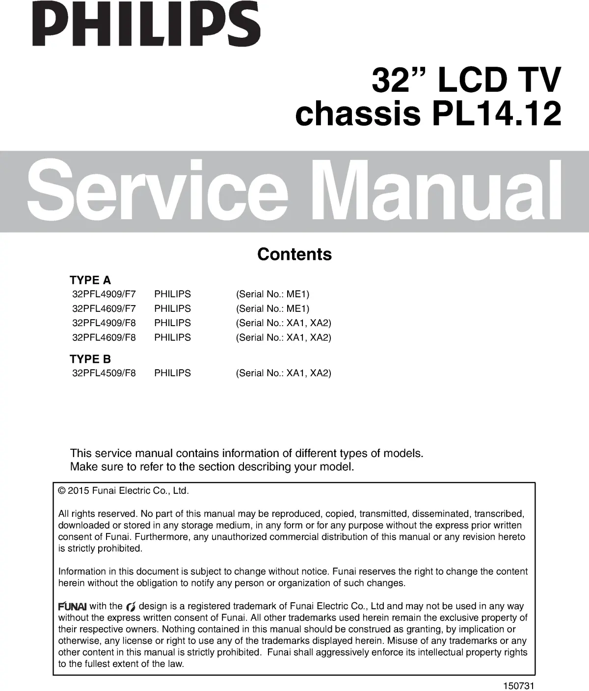 Philips 32pfl4909 32pfl4609 service manual cover with photo of the television, TV type, chassis code, model code, creation date and document number