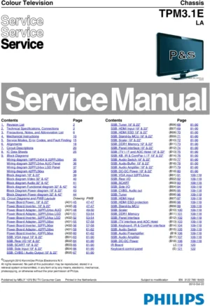Philips 32pfl5404 service manual cover with photo of the television, TV type, chassis code, model code, creation date and document number