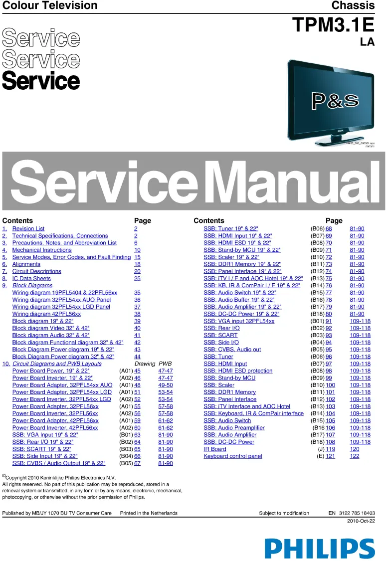 Philips 32pfl5404 service manual cover with photo of the television, TV type, chassis code, model code, creation date and document number