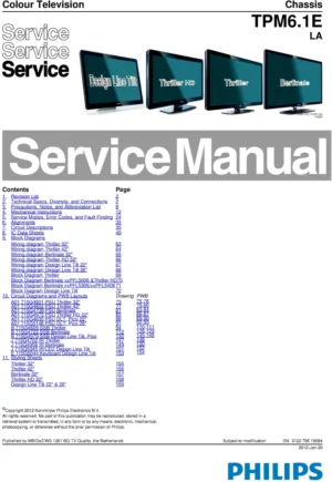 Philips 32pfl5406h service manual cover with photo of the television, TV type, chassis code, model code, creation date and document number
