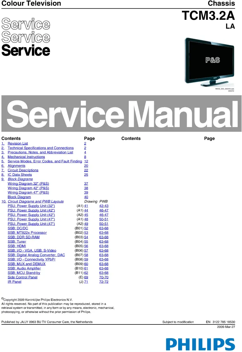 Philips 32pfl5409 32pfl5609 42pfl5609 47pfl5609 service manual cover with photo of the television, TV type, chassis code, model code, creation date and document number