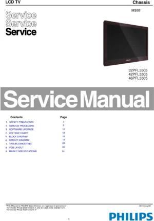 Philips 32pfl5505 42pfl5505 46pfl5505 service manual cover with photo of the television, TV type, chassis code, model code, creation date and document number