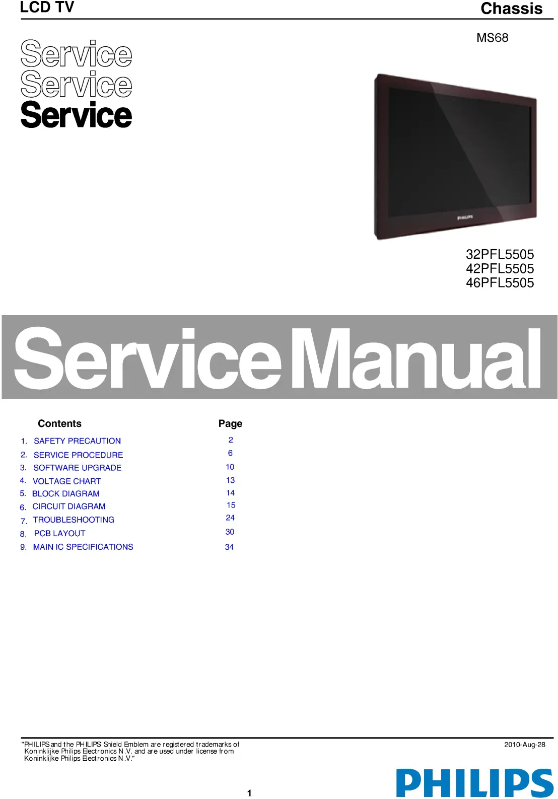 Philips 32pfl5505 42pfl5505 46pfl5505 service manual cover with photo of the television, TV type, chassis code, model code, creation date and document number