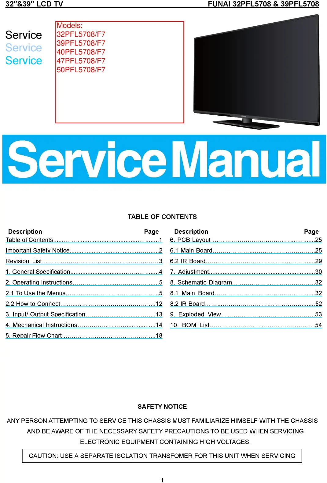Philips 32pfl5708 service manual cover with photo of the television, TV type, chassis code, model code, creation date and document number