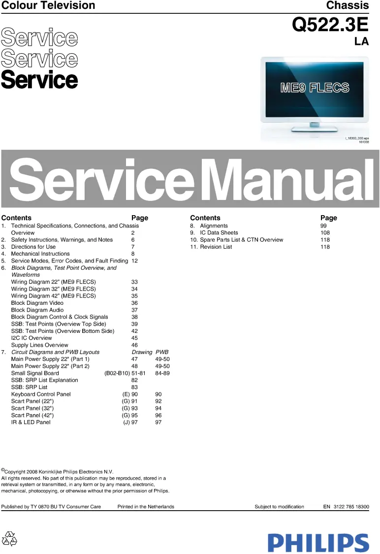 Philips 32pfl6403d service manual cover with photo of the television, TV type, chassis code, model code, creation date and document number