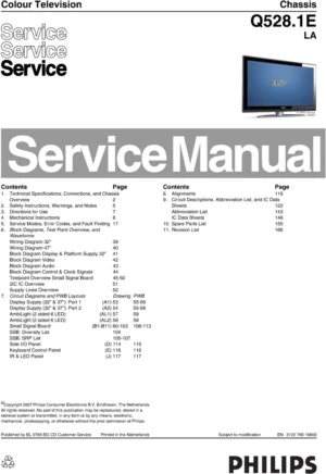 Philips 32pfl9632d service manual cover with photo of the television, TV type, chassis code, model code, creation date and document number