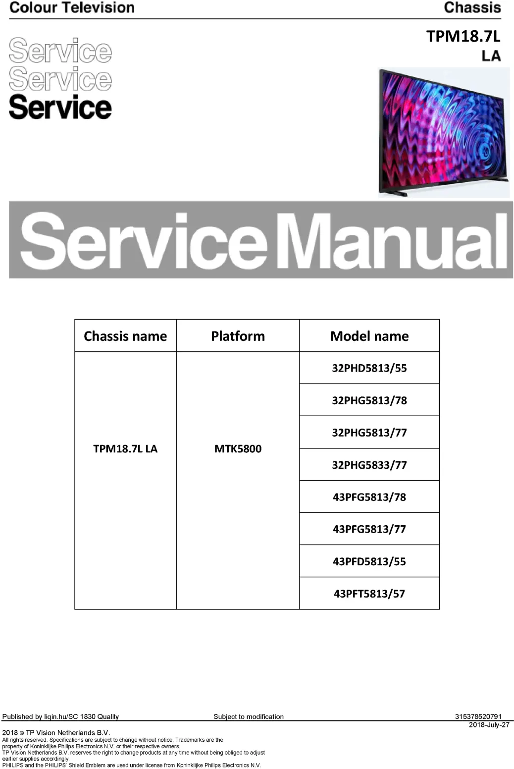 Philips 32phg5833 32phg5813 32phg5813 32phd5813 service manual cover with photo of the television, TV type, chassis code, model code, creation date and document number