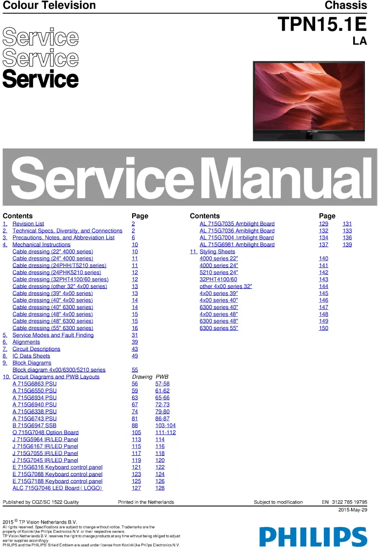 Philips 32phh4200 32phk4200 32pht4200 tpn15.1ela service manual cover with photo of the television, TV type, chassis code, model code, creation date and document number