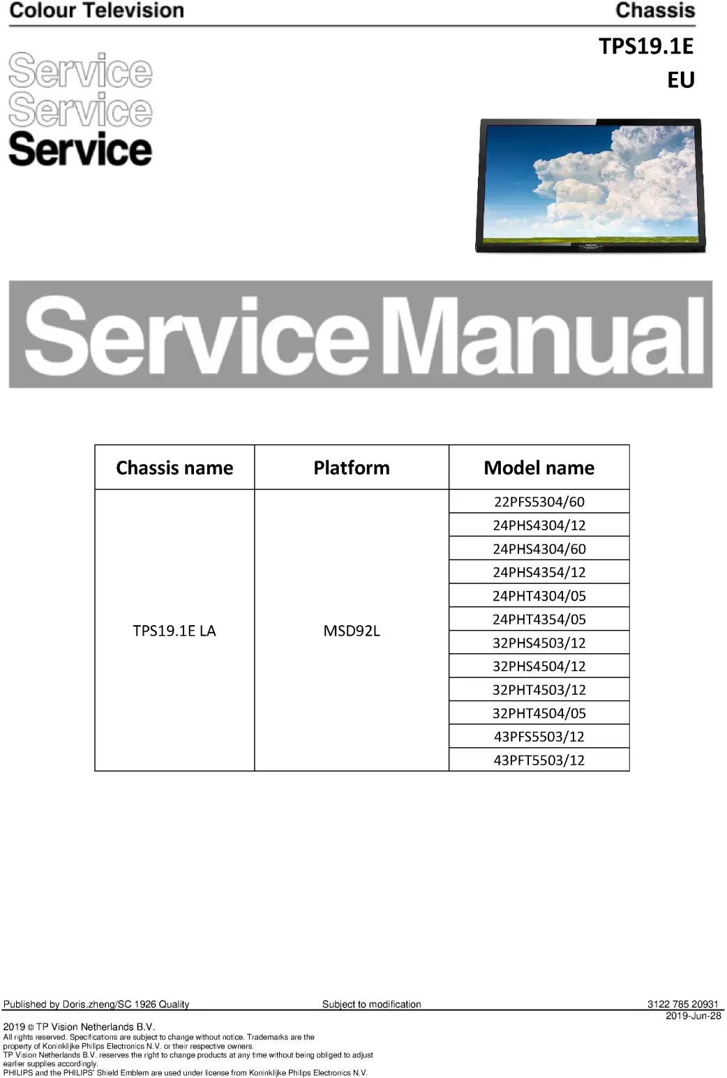 Philips 32phs4504 24phs4304 service manual cover with photo of the television, TV type, chassis code, model code, creation date and document number