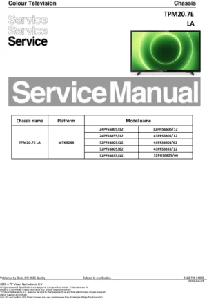 Philips 32phs6825 service manual cover with photo of the television, TV type, chassis code, model code, creation date and document number