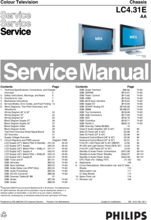 Philips 37pf5321 lc4.31e aa service manual cover with photo of the television, TV type, chassis code, model code, creation date and document number