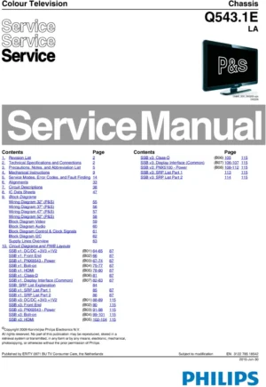 Philips 37pfl5604h q543.1ela service manual cover with photo of the television, TV type, chassis code, model code, creation date and document number