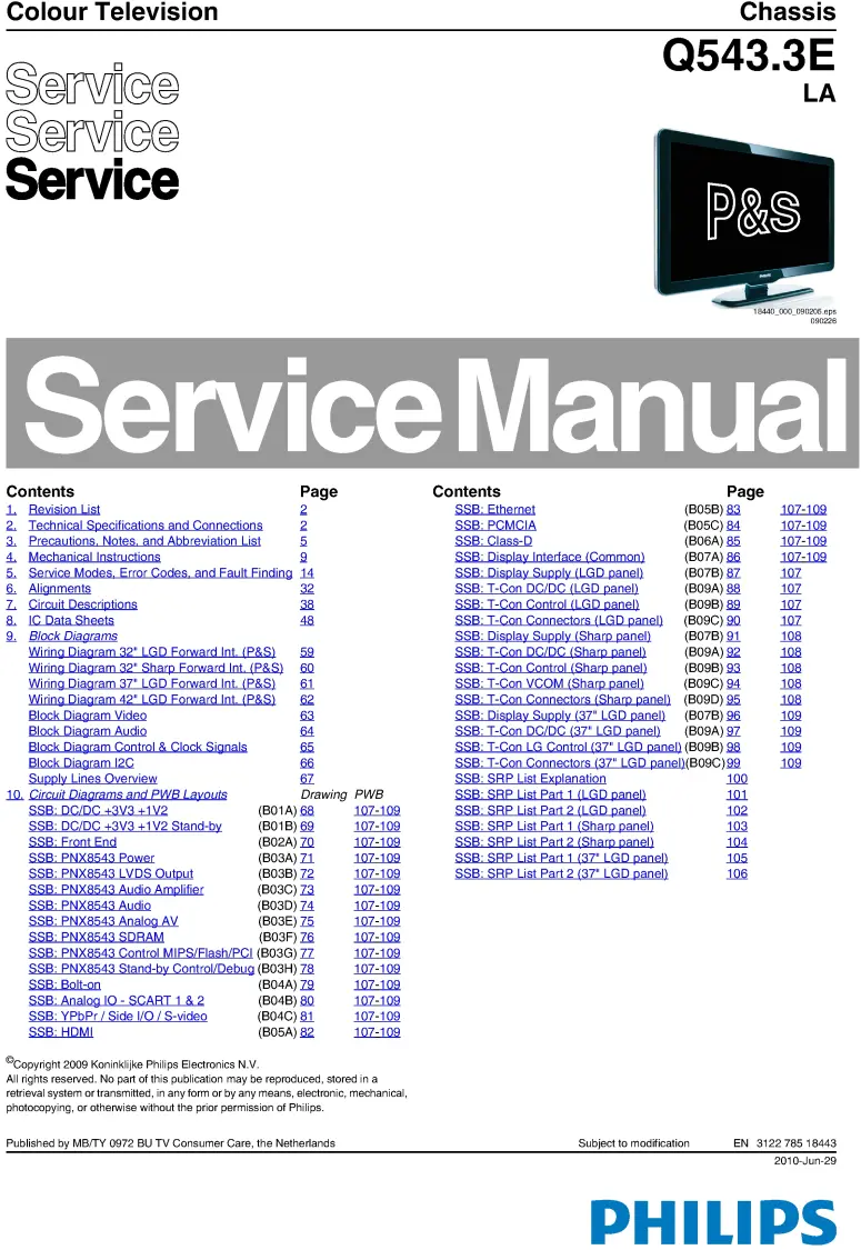 Philips 37pfl5604h q543.3ela service manual cover with photo of the television, TV type, chassis code, model code, creation date and document number
