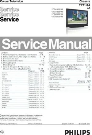 Philips 37ta1800 42ta1800 service manual cover with photo of the television, TV type, chassis code, model code, creation date and document number