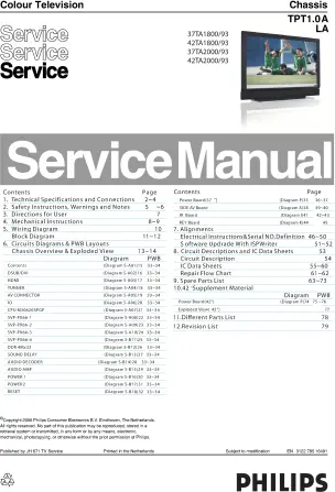 Philips 37ta1800 42ta1800 service manual cover with photo of the television, TV type, chassis code, model code, creation date and document number