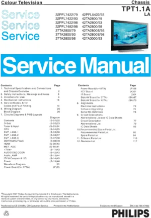 Philips 37ta2800 series service manual cover with photo of the television, TV type, chassis code, model code, creation date and document number