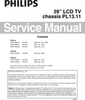 Philips 39pfl2608 pl13.11 service manual cover with photo of the television, TV type, chassis code, model code, creation date and document number