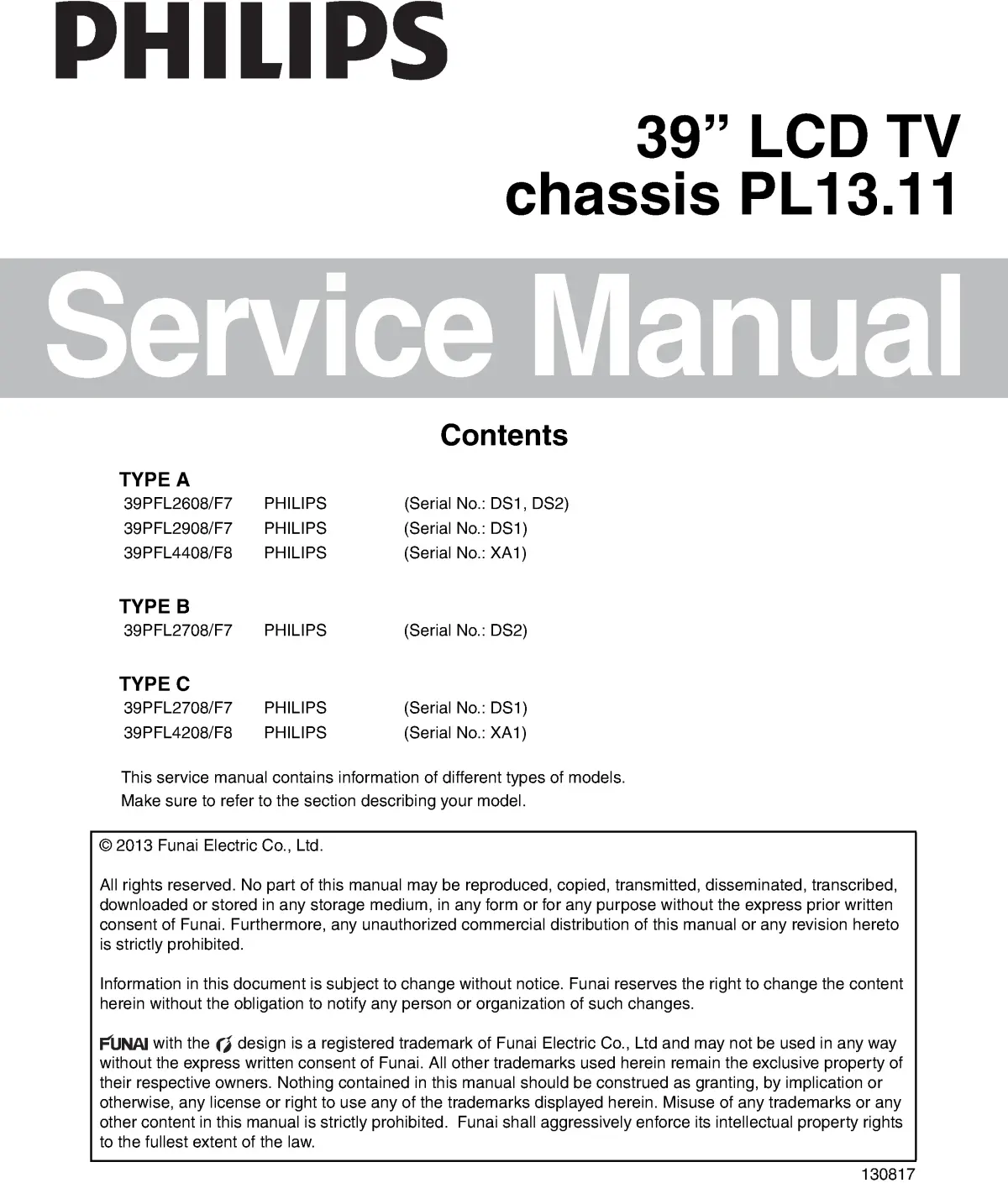 Philips 39pfl2608 pl13.11 service manual cover with photo of the television, TV type, chassis code, model code, creation date and document number