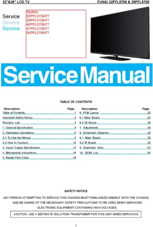 Philips 39pfl5708 service manual cover with photo of the television, TV type, chassis code, model code, creation date and document number