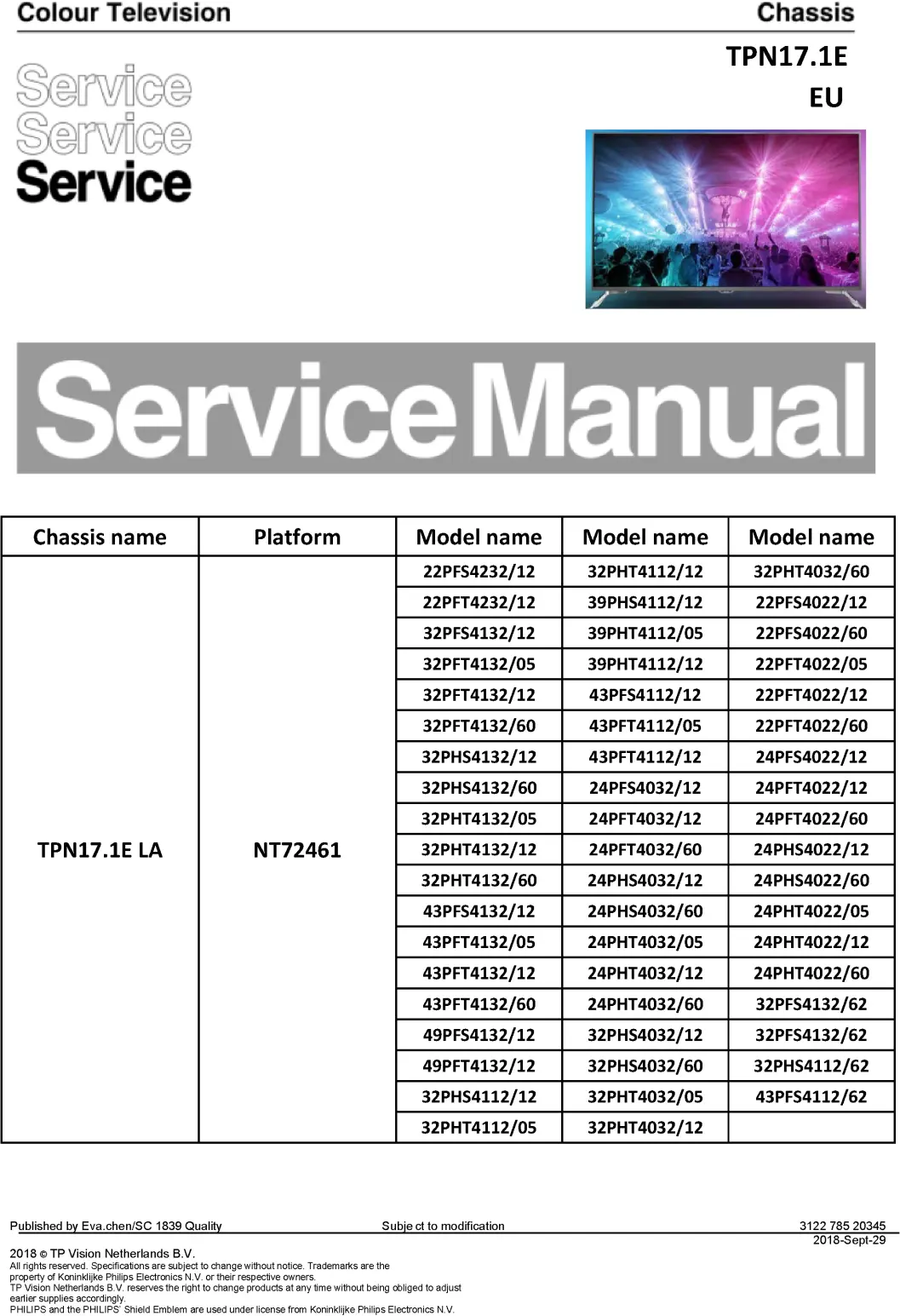 Philips 39phs4112 service manual cover with photo of the television, TV type, chassis code, model code, creation date and document number