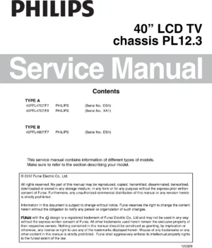 Philips 40pfl4707 service manual cover with photo of the television, TV type, chassis code, model code, creation date and document number