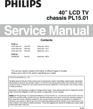 Philips 40pfl4901 service manual cover with photo of the television, TV type, chassis code, model code, creation date and document number