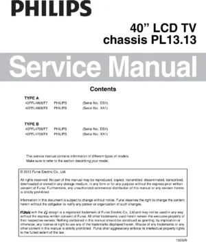 Philips 40pfl4908 pl13.13 service manual cover with photo of the television, TV type, chassis code, model code, creation date and document number