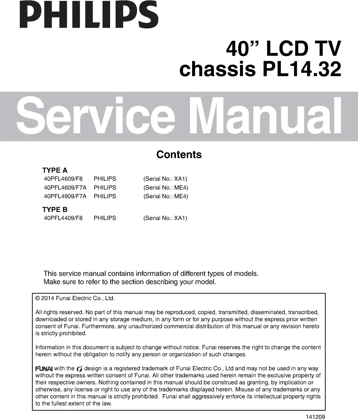 Philips 40pfl4909 40pfl4609 service manual cover with photo of the television, TV type, chassis code, model code, creation date and document number