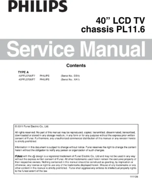 Philips 40pfl5706 service manual cover with photo of the television, TV type, chassis code, model code, creation date and document number