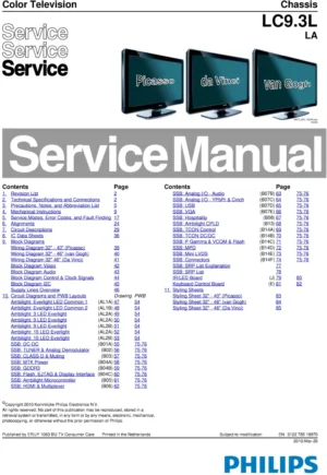 Philips 40pfl6605d service manual cover with photo of the television, TV type, chassis code, model code, creation date and document number