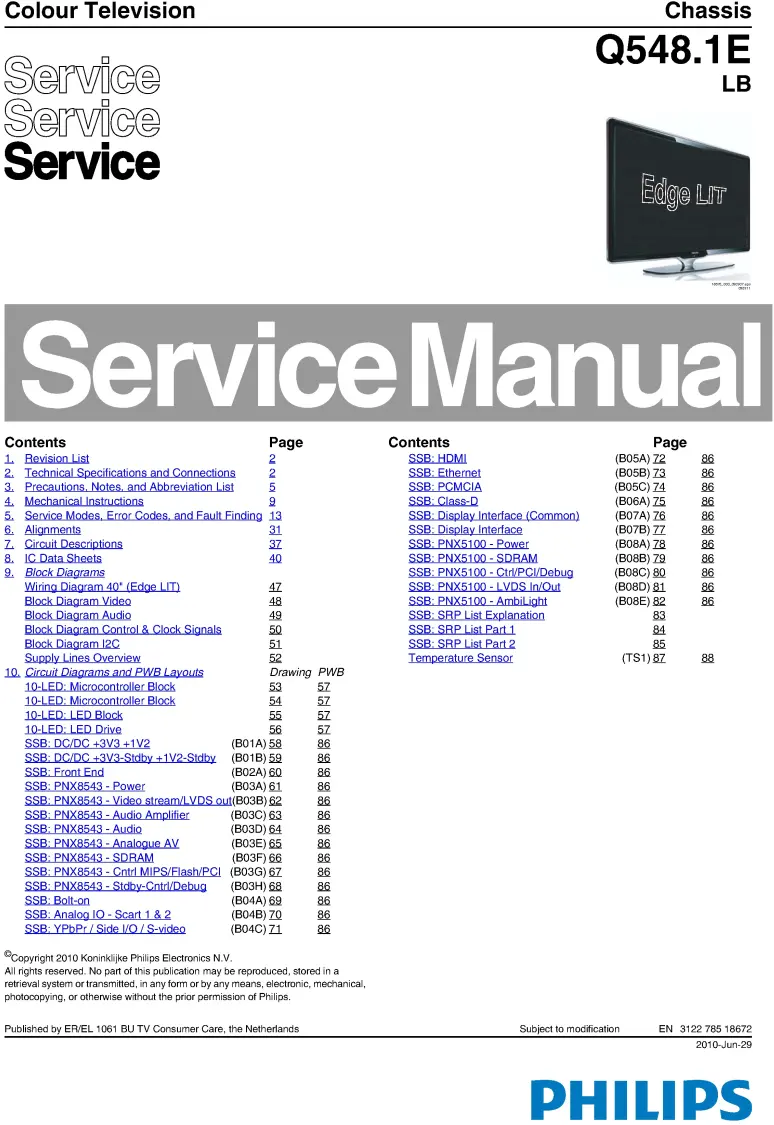 Philips 40pfl8664h service manual cover with photo of the television, TV type, chassis code, model code, creation date and document number