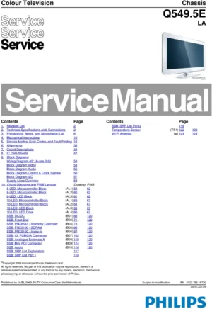 Philips 40pfl9904h service manual cover with photo of the television, TV type, chassis code, model code, creation date and document number