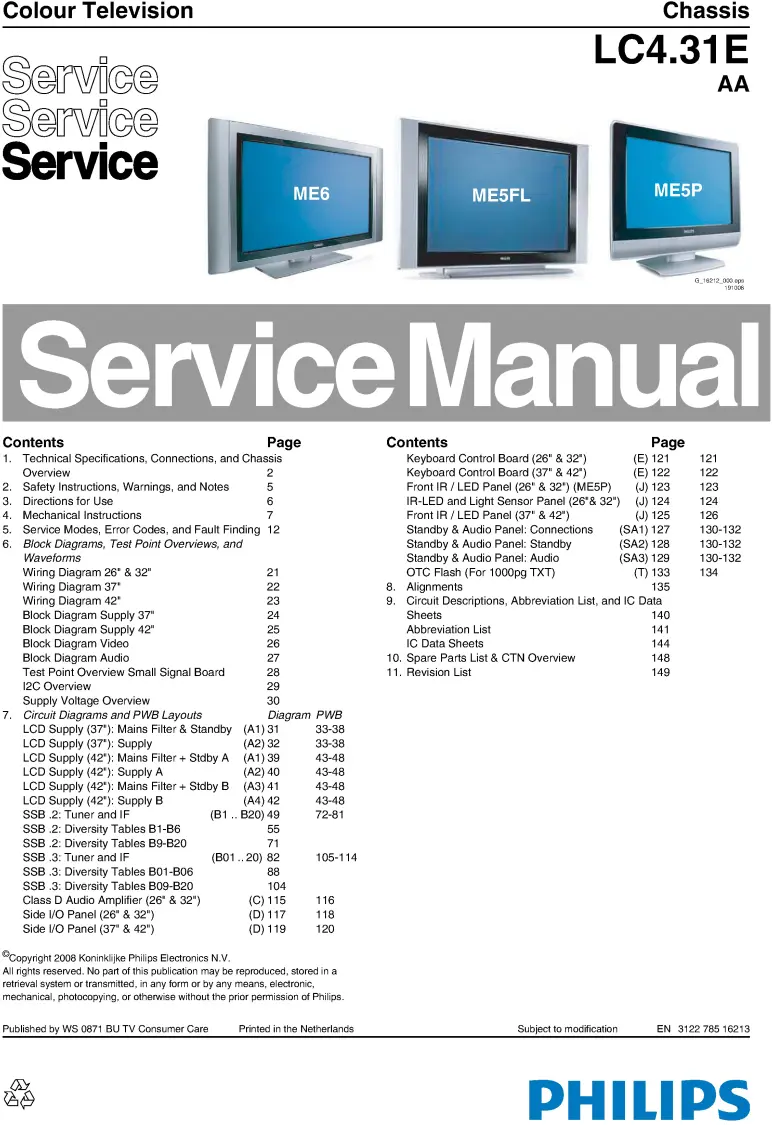 Philips 42pf3331 service manual cover with photo of the television, TV type, chassis code, model code, creation date and document number