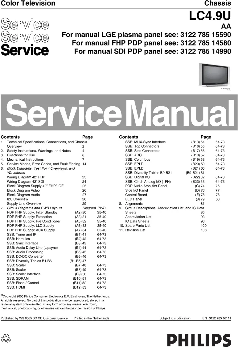 Philips 42pf7321 lc4.9uaa service manual cover with photo of the television, TV type, chassis code, model code, creation date and document number