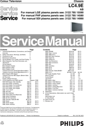 Philips 42pf7520d service manual cover with photo of the television, TV type, chassis code, model code, creation date and document number