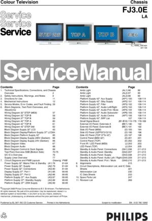 Philips 42pf9831d service manual cover with photo of the television, TV type, chassis code, model code, creation date and document number