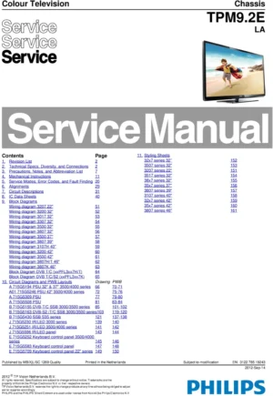 Philips 42pfl3507k service manual cover with photo of the television, TV type, chassis code, model code, creation date and document number