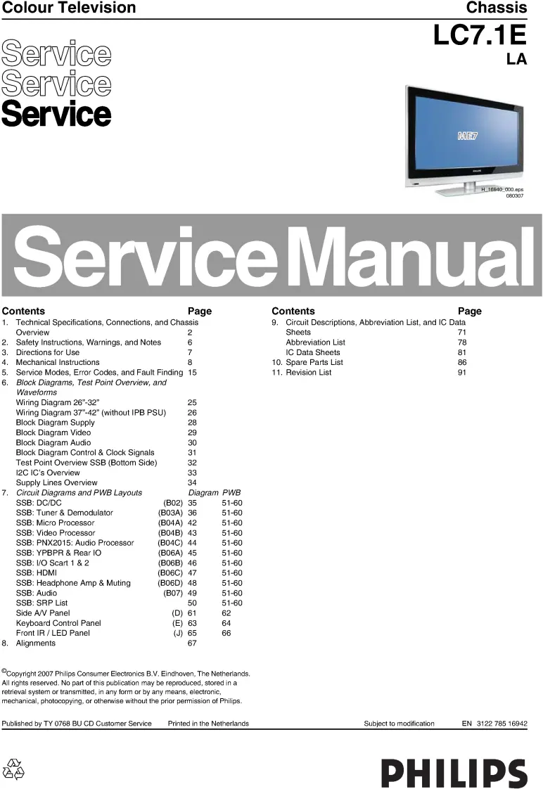 Philips 42pfl5322s service manual cover with photo of the television, TV type, chassis code, model code, creation date and document number